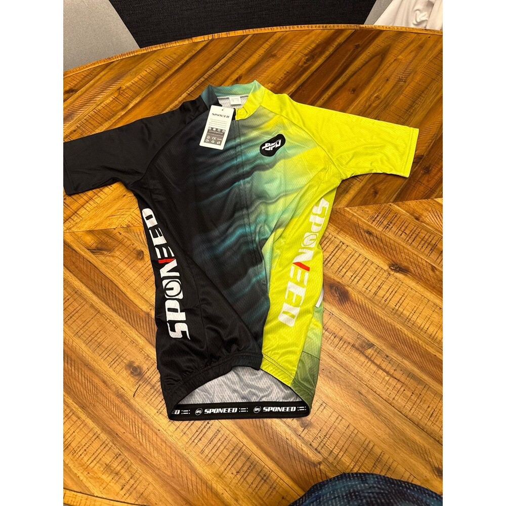 Sponeed Men’s Medium Cycling Jersey NWT Full Zip Neon Yellow Green Black 3 Pocke